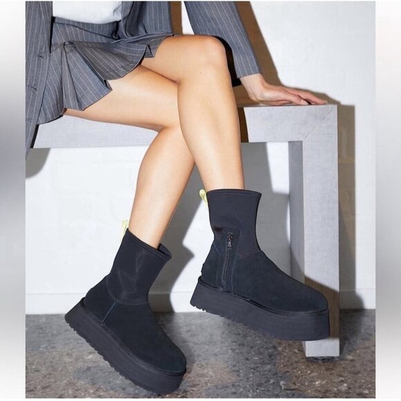 UGG WOMEN'S CLASSIC DIPPER Platform SUEDE SHEARLING LINED BOOTS Black US 9 - Picture 2 of 14
